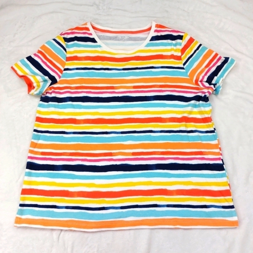 KIM ROGERS WOMEN'S MULTICOLORED RAINBOW STRIPED SHORT SLEEVE T-SHIRT SIZE PL